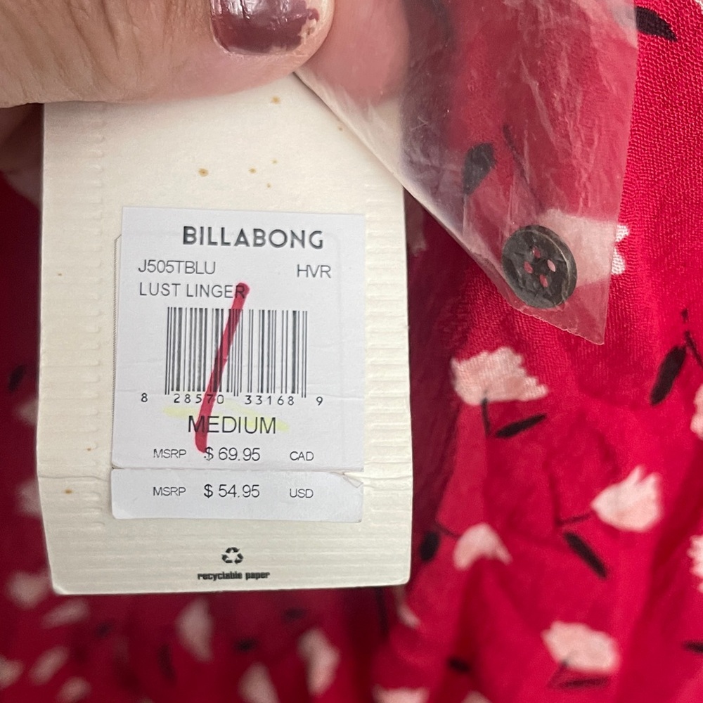 Billabong Red Patterned Blouse Flared Half Open S… - image 6